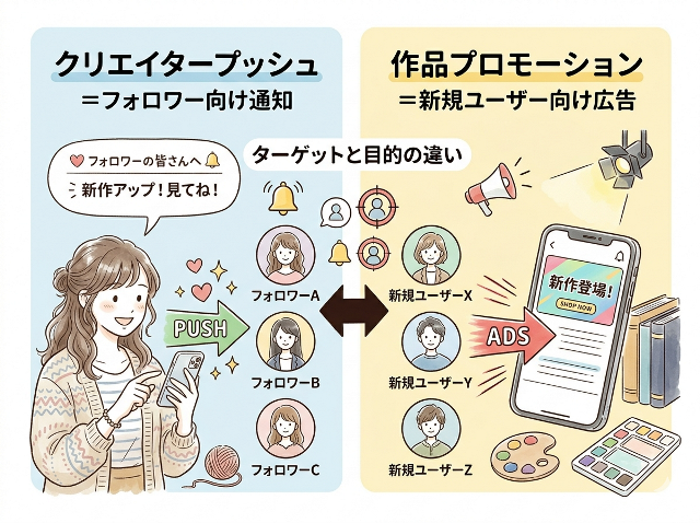 クリエイタープッシュと作品プロモーションの違いを示す対比図のイラスト。