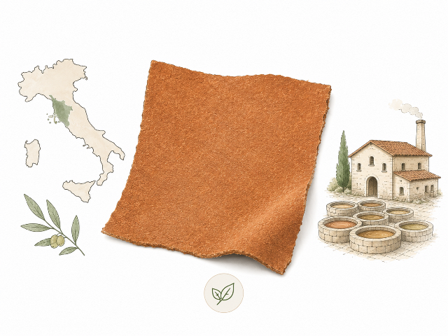 プエブロレザーの質感とイタリアの製造背景をイメージで表現したシンプルな図解イラスト